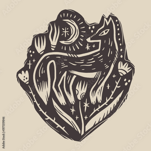 Minimalist Folk Fox and Moon Illustration Linocut Style Vector Art Monochrome Clipart