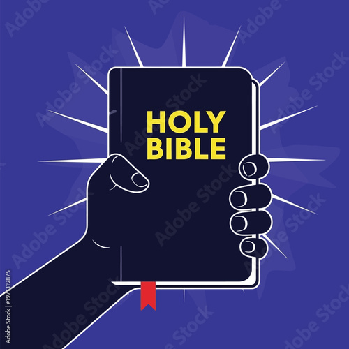 A minimalist vector illustration of a strong hand holding the holy bible tightly in a bold graphic design style that features clean lines and high contrast elements for an effective spiritual message.