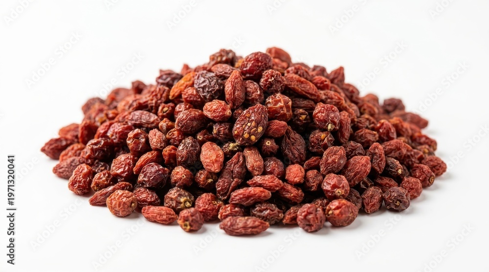 Obraz premium A pile of dried goji berries, rich in antioxidants, is presented in a studio shot with a clean white background and soft lighting, highlighting their deep red color and natural texture.