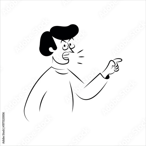 Hand Drawn Cartoon Illustration of a Furious Man Shouting and Pointing Finger in Anger. Minimalist Line Art Character Design for Business Conflict, Argument, Stress or Bossy Behavior Vector Concepts.