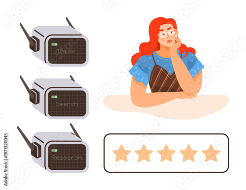 Feedback systems, research, communication, customer service, media, retro devices. Woman pondering with vintage radios and star rating below. Feedback and research visualization