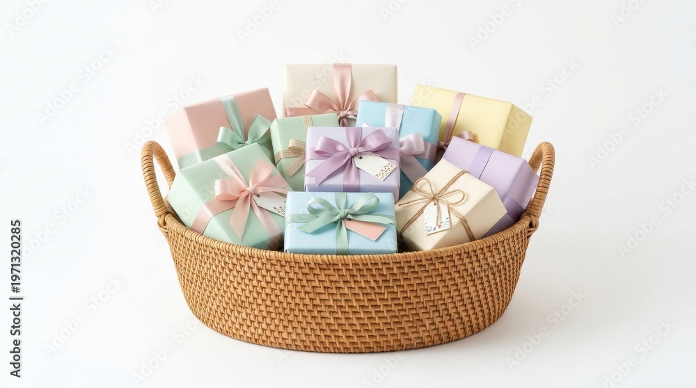 Obraz premium A woven basket overflowing with pastel-colored gift boxes tied with ribbons, presented in a bright, clean studio setting for celebrations.