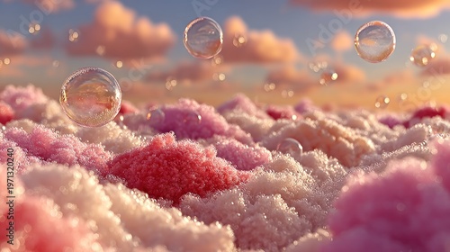 Dreamy image of floating bubbles over fluffy, colorful clouds at sunset