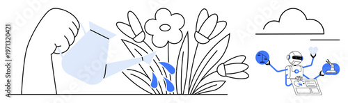 Gardening, innovation, nature care, artificial intelligence, automation, growth. A hand watering plants alongside a robot managing data. Innovation and nature care conceptual