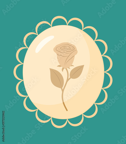 Round vintage brooch with the image of a rose, vector illustration. Antique jewelry, classic. Flat style. Flower button pin design. Badge.