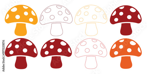 Amanita muscaria mushroom vector set, eight colorful toadstool illustrations, whimsical fungi collection, natural forest elements for design projects
