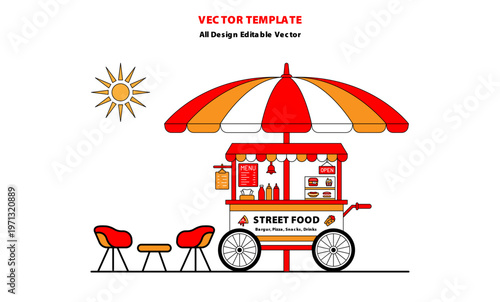 Vintage food cart vector featuring red and white striped canopy, wheels, counter, and street vendor style.