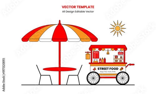 Vintage food cart vector featuring red and white striped canopy, wheels, counter, and street vendor style.