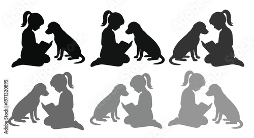 Child and Dog Reading Silhouettes, a heartwarming vector collection of kids with pets, perfect for educational and animal-themed designs, black and grey illustrations.
