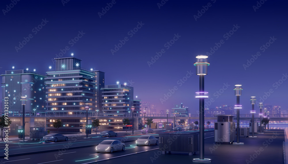 Obraz premium Smart City Infrastructure with Connected IoT Network and Autonomous Traffic