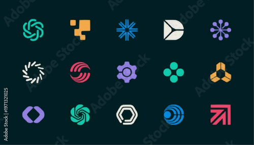 Geometric technology logo set with abstract shapes arrows circles hexagons modern digital design