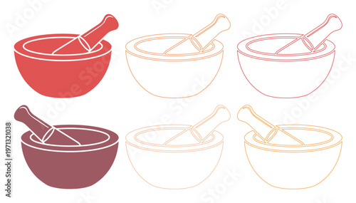 Mortar and Pestle Vector Icon Set, Traditional Pharmacy and Herbal Medicine Tools, Grinding Bowl and Crusher Outline Graphics for Health and Wellness Designs
