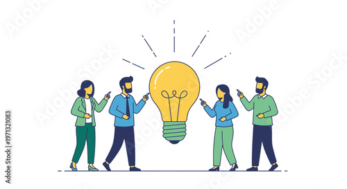 Business team, creative idea, light bulb, collaboration, innovation concept, vector illustration, colorful, flat design
