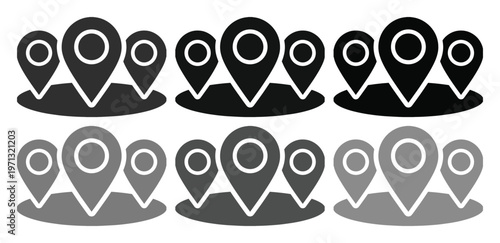 Location pin icon set, black and gray vector map markers, GPS navigation symbols for digital interfaces, web design, and mobile apps