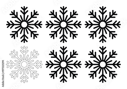 Minimalist snowflake vector icon set, six unique black and white winter snow crystal designs, festive holiday season graphic resource for Christmas decorations and cold weather themes