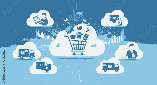E-commerce icons, cloud computing, shopping cart, delivery, online shopping, digital commerce