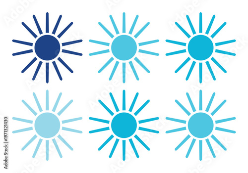Blue sunburst vector icon set, six vibrant suns in various shades of blue, modern graphic resource for weather, energy, and summer designs, clean minimalist radial burst elements