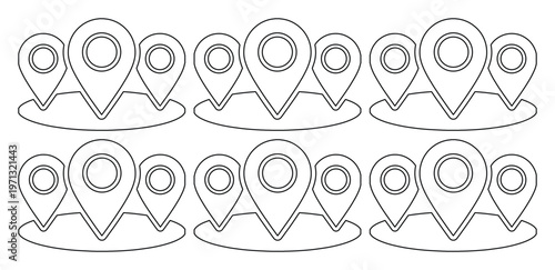 Location pin vector icons, set of six minimalist map pointers. GPS navigation symbols, destination markers for travel and business applications, isolated on white background.