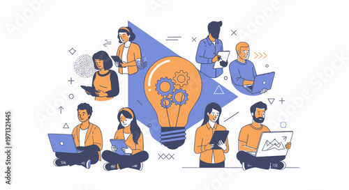 Business team, people, collaboration, lightbulb, idea, innovation, teamwork, laptops, office