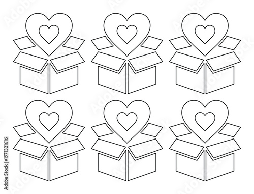 Heart gift box outline vector set, six line art love present icons, romantic surprise delivery symbols, perfect for Valentine's Day designs and greeting cards