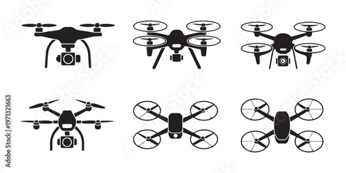 Variety of drone silhouettes with camera systems and rotor designs for aerial photography concepts.