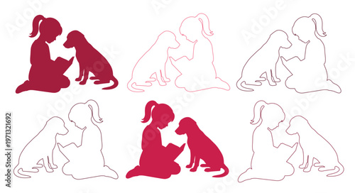 Child and dog silhouette vector set, heartwarming pet companionship illustration, playful girl and puppy friendship graphic, emotional bond between kid and animal design element