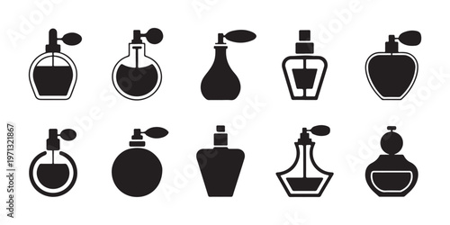 Collection of various black silhouette perfume bottles with different shapes and designs on white background.