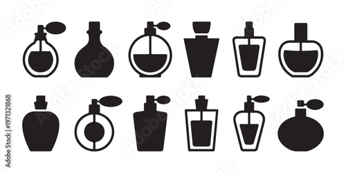 Set of black silhouette perfume bottles with atomizers or spray nozzles on white background design element.