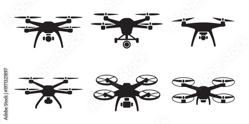 Professional quadcopter vector icons featuring various camera attachments and rotor configurations set.