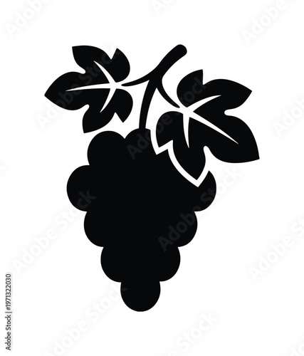Stylized black grape cluster vector icon, a simple fruit silhouette graphic, perfect for food and drink branding, wine labels, or agricultural designs.