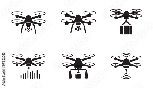Drone icons set featuring various applications: photography, delivery, and signal transmission.