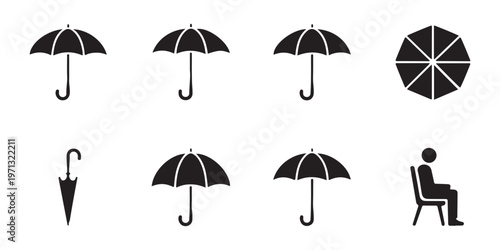 Variety of umbrella icons showing different forms including top view person and folded umbrella protection symbol.