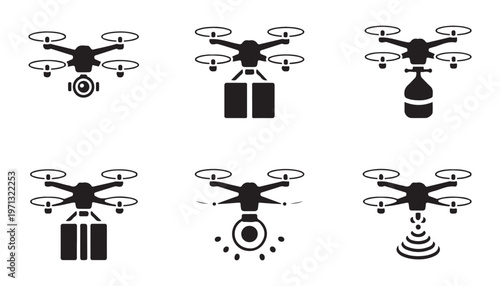 Drone icon set displaying diverse functions: camera, package delivery, and liquid spray capabilities.