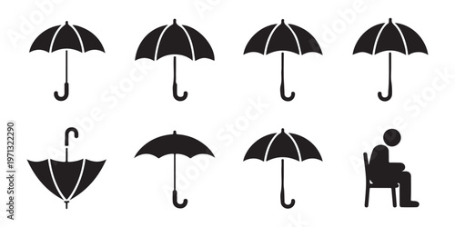 Assorted black umbrella icons various styles representing protection from rain and person under shelter safety symbol.