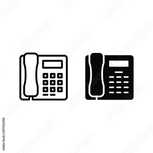 Two black and white illustrations of a modern landline telephone