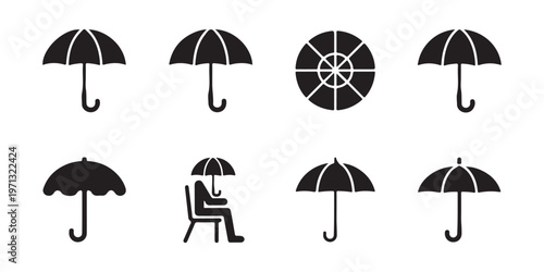 Group of black umbrella icons various designs open closed top view person under umbrella protection sign.