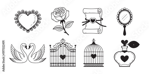 Foto Elegant romantic wedding icons set featuring lace heart blooming rose scrolls and decorative wrought iron gate