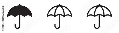 Collection of umbrella icons showing different styles solid outline and person under umbrella protection symbol.