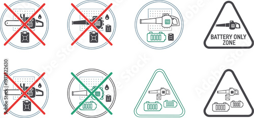 Battery Only Zone Sign - No Gas Powered Equipment Allowed - Weatherproof Safety Decals for Electric Leaf Blowers & Chainsaws (8 Pack)