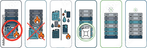 Data Center Safety and Server Maintenance Icons: Fire Prevention, Fuel Storage, and Technical Support Symbols