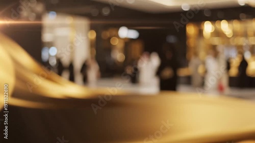 A blurred image captures the interior of a building with soft, golden light illuminating the space, creating a sense of warmth and elegance, with indistinct figures adding a hint of human presence