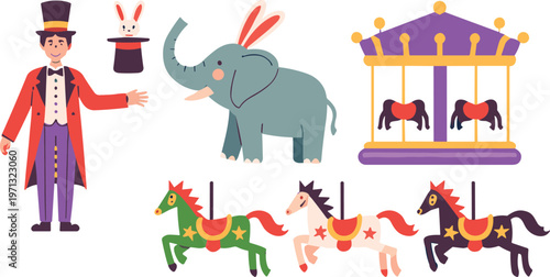 Circus set magician elephant carousel horses colorful carnival elements vector illustration isolated collection design
