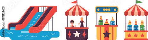 Water slide and carnival booths set colorful amusement park elements vector illustration isolated design