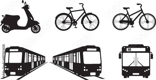 urban mobility scooter bike metro bus silhouette set black vector.