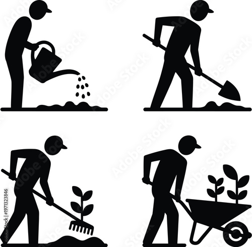 Gardening icons set with people working in the garden