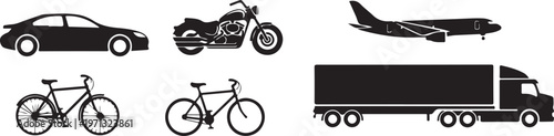 vehicle icons car bike truck airplane silhouette set black