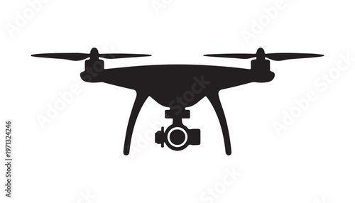 Solid black drone vector icon illustrating a sophisticated unmanned aerial vehicle with camera.