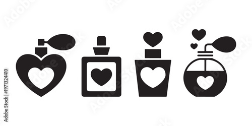 Set of romantic perfume bottles with heart shapes and spray nozzle elements isolated on white background vector.