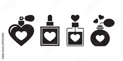 Set of romantic perfume bottles with heart shapes and spray nozzle elements isolated on white background vector.