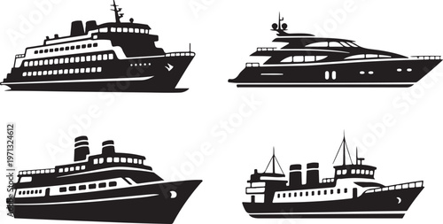 water transport boat ferry ship yacht silhouette set black minimal design